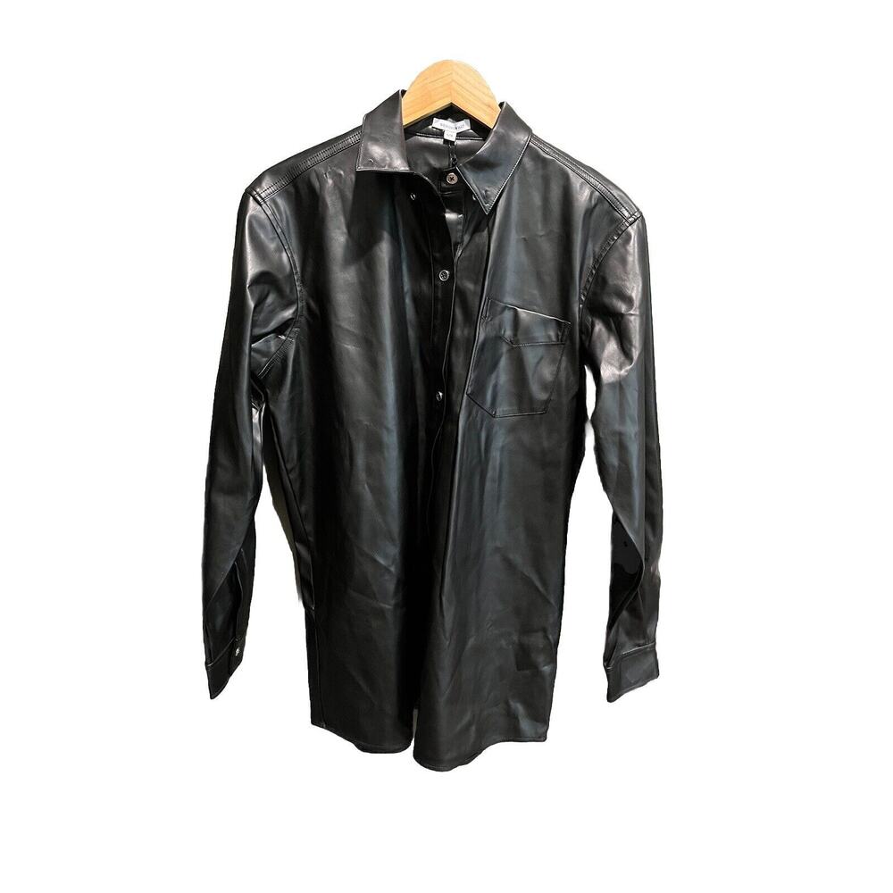 WeWoreWhat Black Faux Leather Button-Front Blouse
